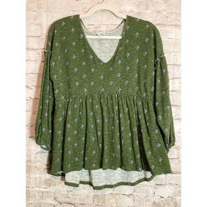 Wonderly Babydoll Top Womens Small Olive Green Medallion Printed‎ Peasant Boho